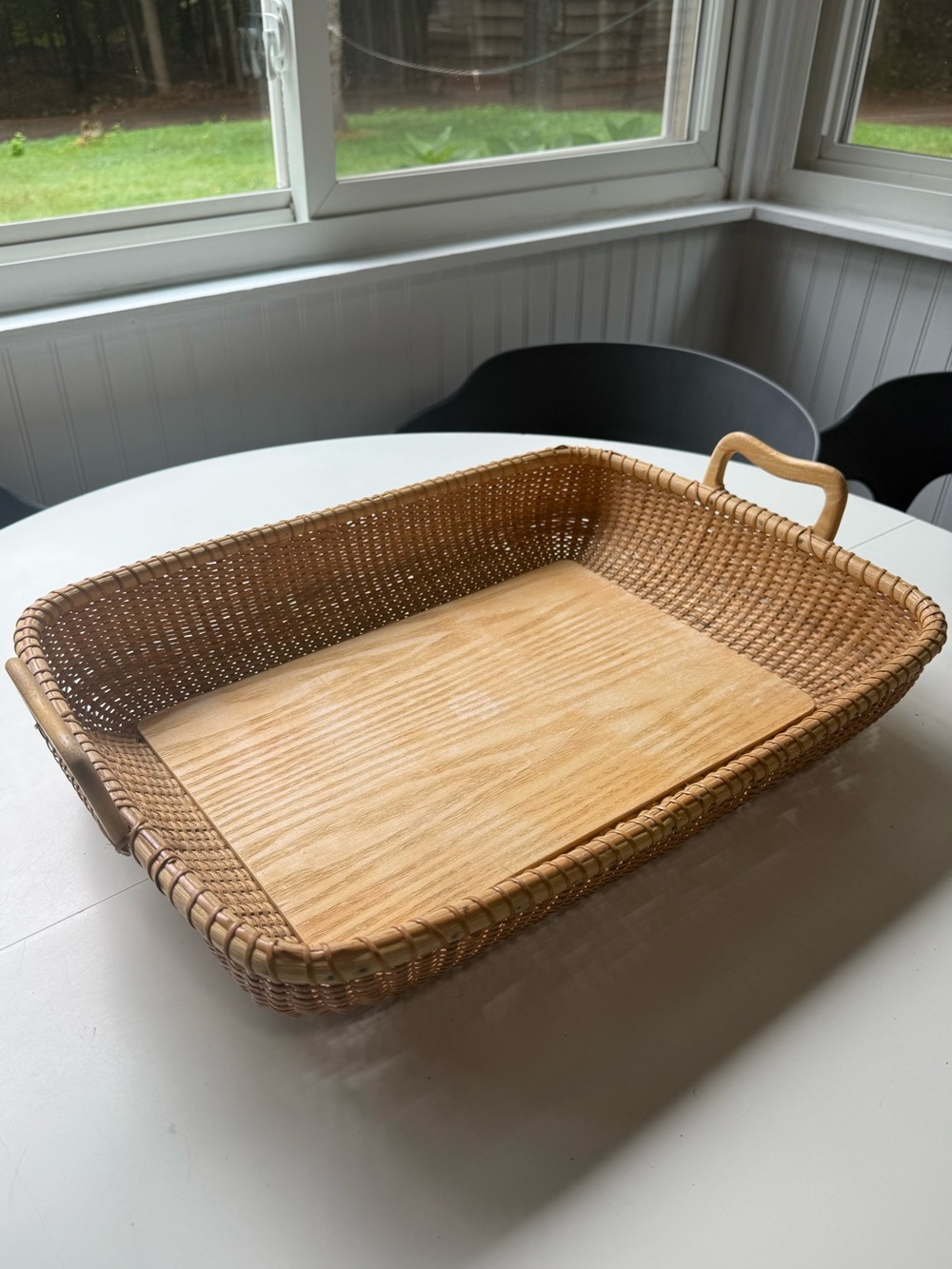 Natural Woven Serving Tray with Wood Base - Brown